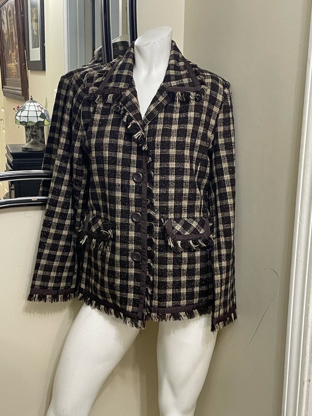 Robert Louis Black and Cream Plaid Fringe Blazer